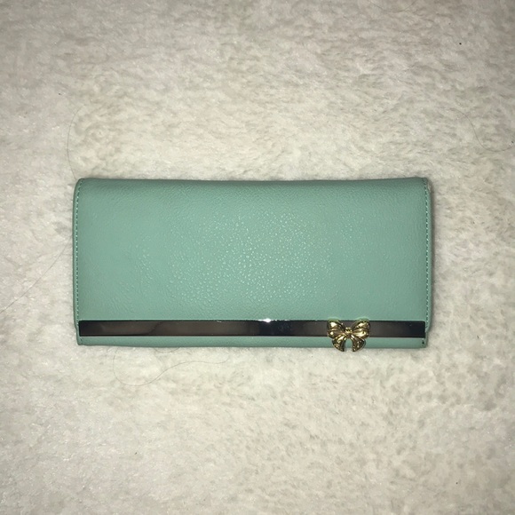 Leather Mint Golden Bow Wallet with Button Clasp - Picture 2 of 4